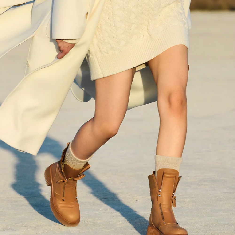 Tan Leather Ankle Booties with Classic Design